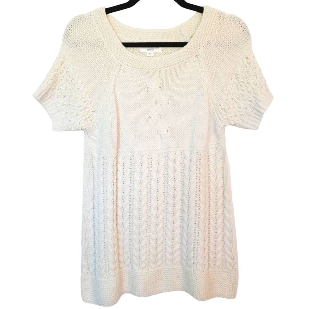Vintage John Paul Richard Womens Petite Large Ivory Pearl Embellished Sweater